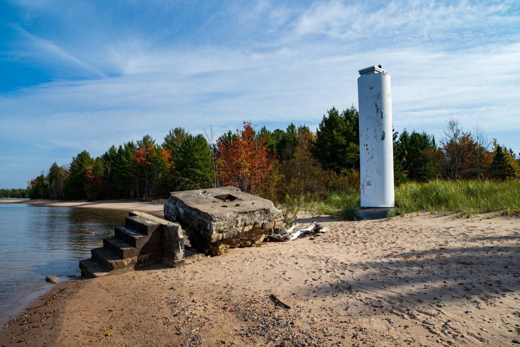 The Grand Island Harbor Front Range Light, built in 1867, now stands quietly along the shore near Christmas, Michigan.